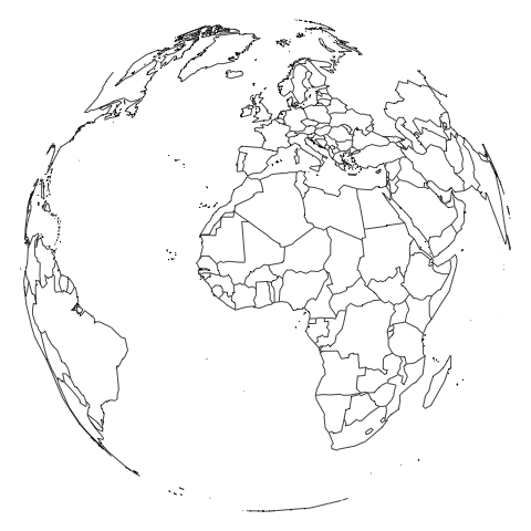 An orthographic globe with country outlines, rotating one full turn.