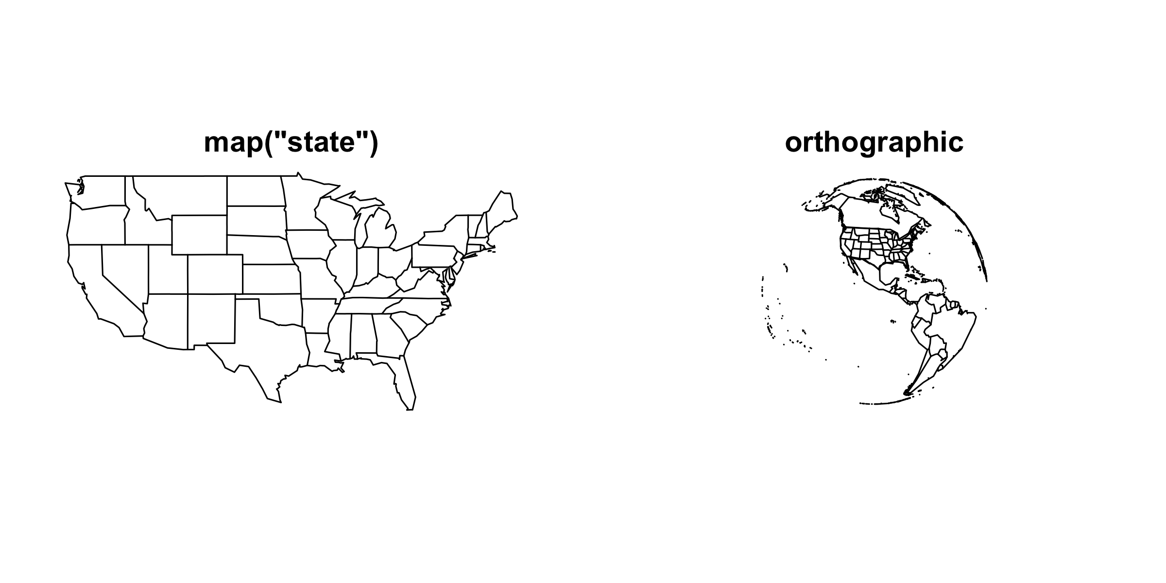 Two panels: an outline map of the lower 48 US states, and an orthographic globe centred on North America with state outlines drawn on it.