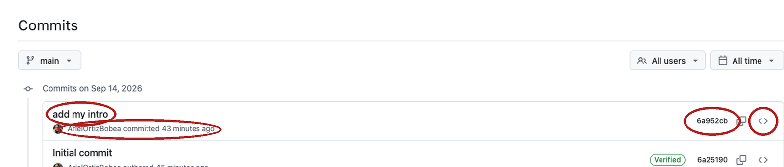 The Commits page of the git-practice repository showing two rows, add my intro above Initial commit, with one row's message, author and time, seven-character hash, and angle-bracket icon circled in red.