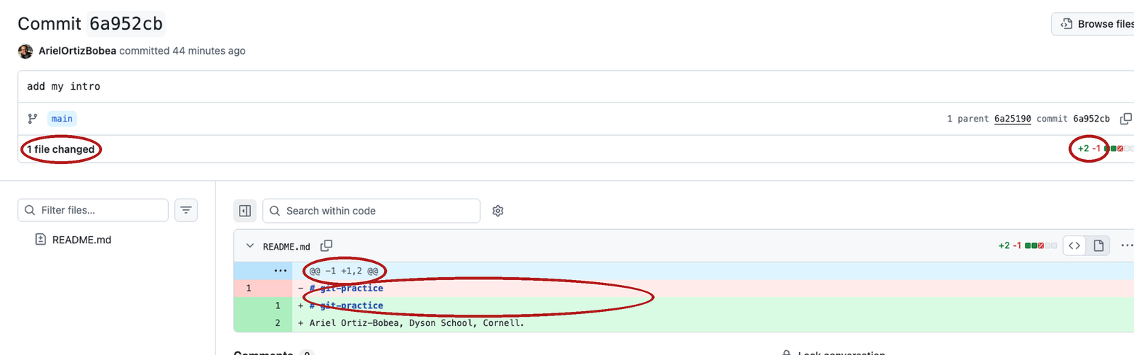 The commit page for add my intro on GitHub, with the 1 file changed count and its +2 −1 badge, the grey @@ -1 +1,2 @@ row, and the red and green pair for the title line circled in red.