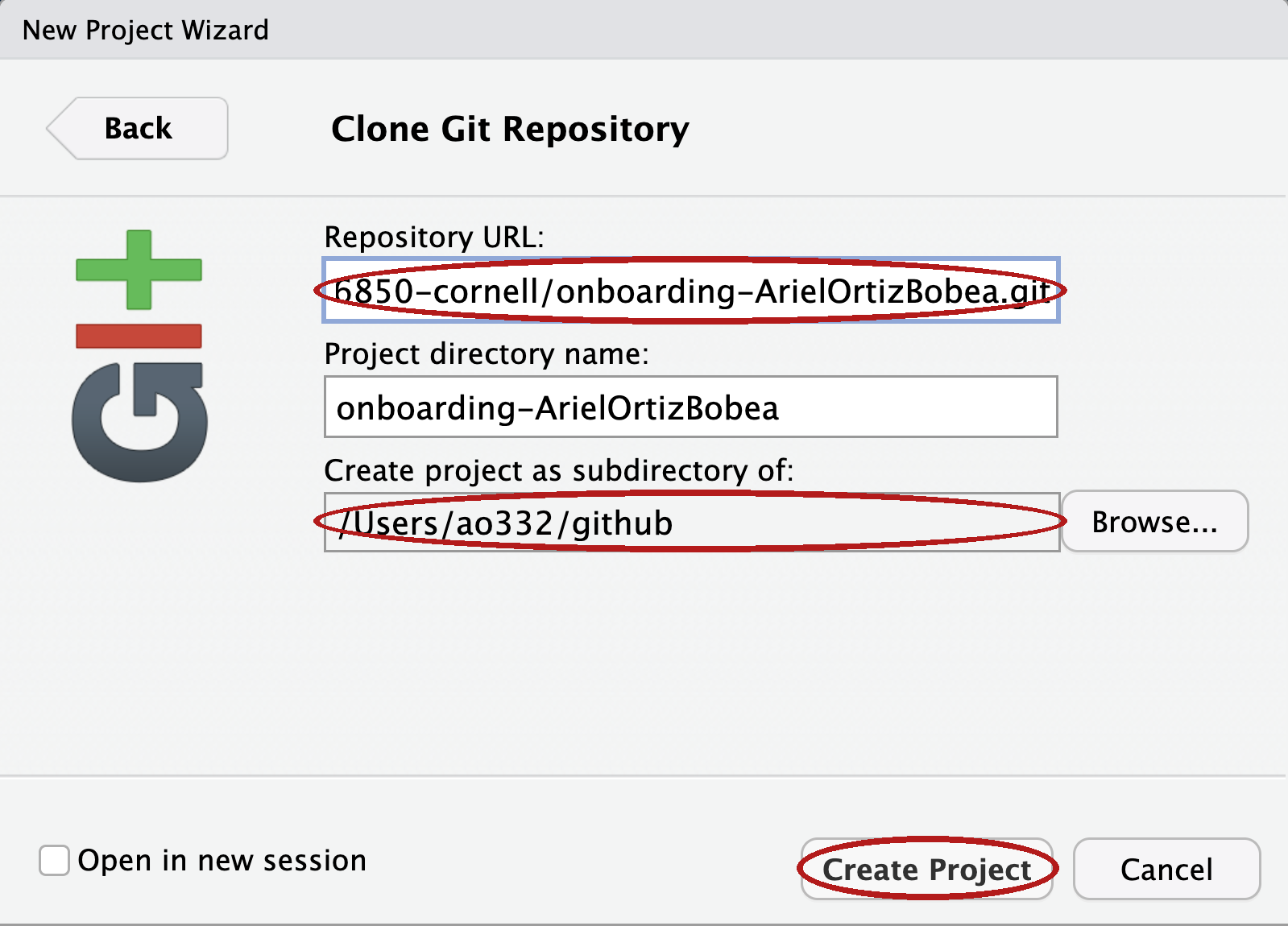 RStudio's New Project dialog for a Git repository, with the Repository URL box filled, the subdirectory box showing /Users/ao332/github, and the Create Project button circled in red.