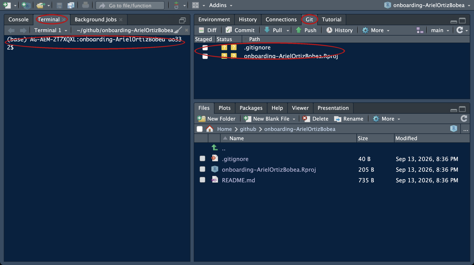 RStudio just after the clone, annotated: the Git tab top-right listing .gitignore and the .Rproj file with yellow question marks, the Terminal tab bottom-left with a prompt showing onboarding-ArielOrtizBobea, and the Files pane listing README.md and onboarding-ArielOrtizBobea.Rproj.