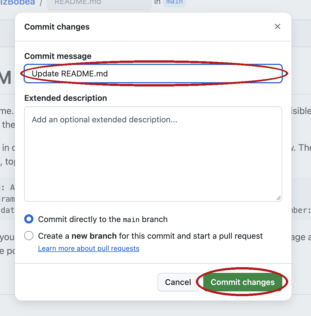 GitHub's Commit changes dialog after a pencil edit. The message box holds the default text Update README.md, the option Commit directly to the main branch is selected, and the green Commit changes button is at the bottom. The message box and the button are circled.