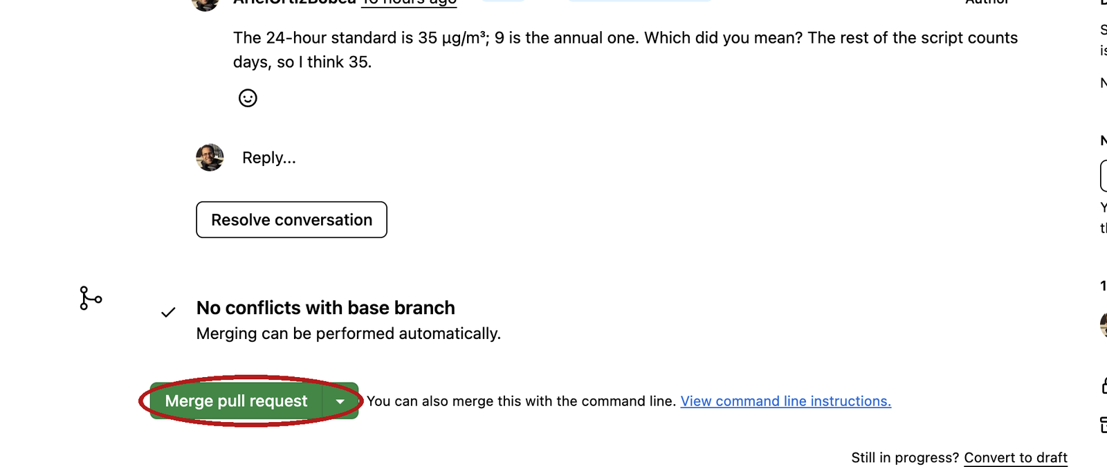 GitHub pull request page on the Conversation tab, scrolled to the merge box. The green Merge pull request button is circled in red.