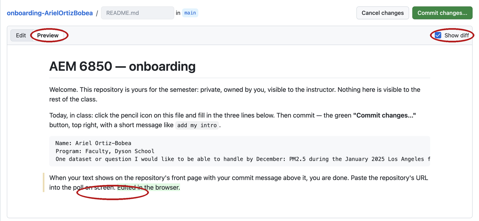 GitHub's web editor open on README.md with one added line at the end and the Preview tab active. The Preview tab and the added line are circled.