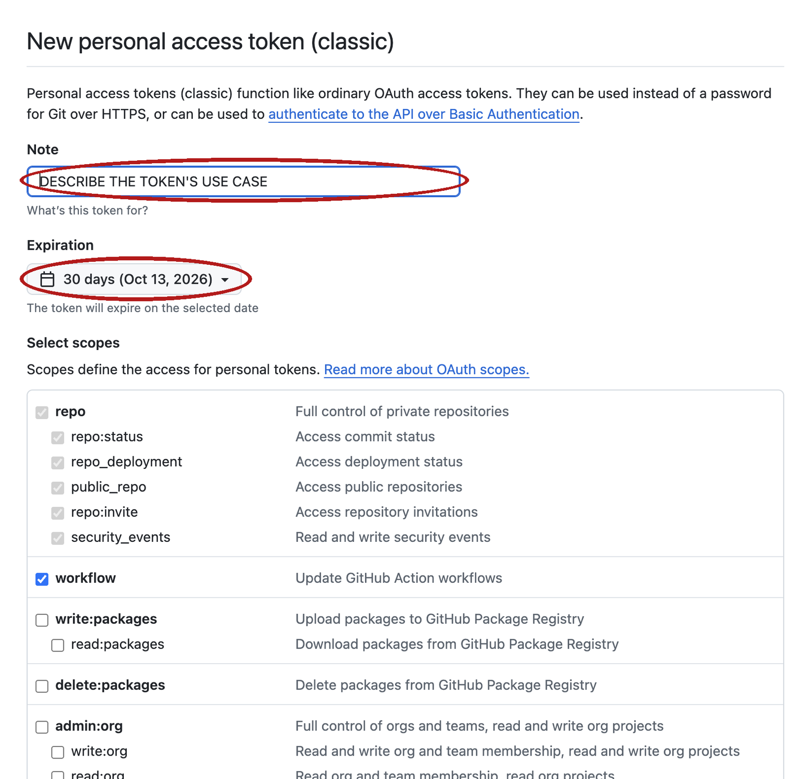 GitHub's New personal access token page with the Expiration dropdown and the Generate token button circled in red.