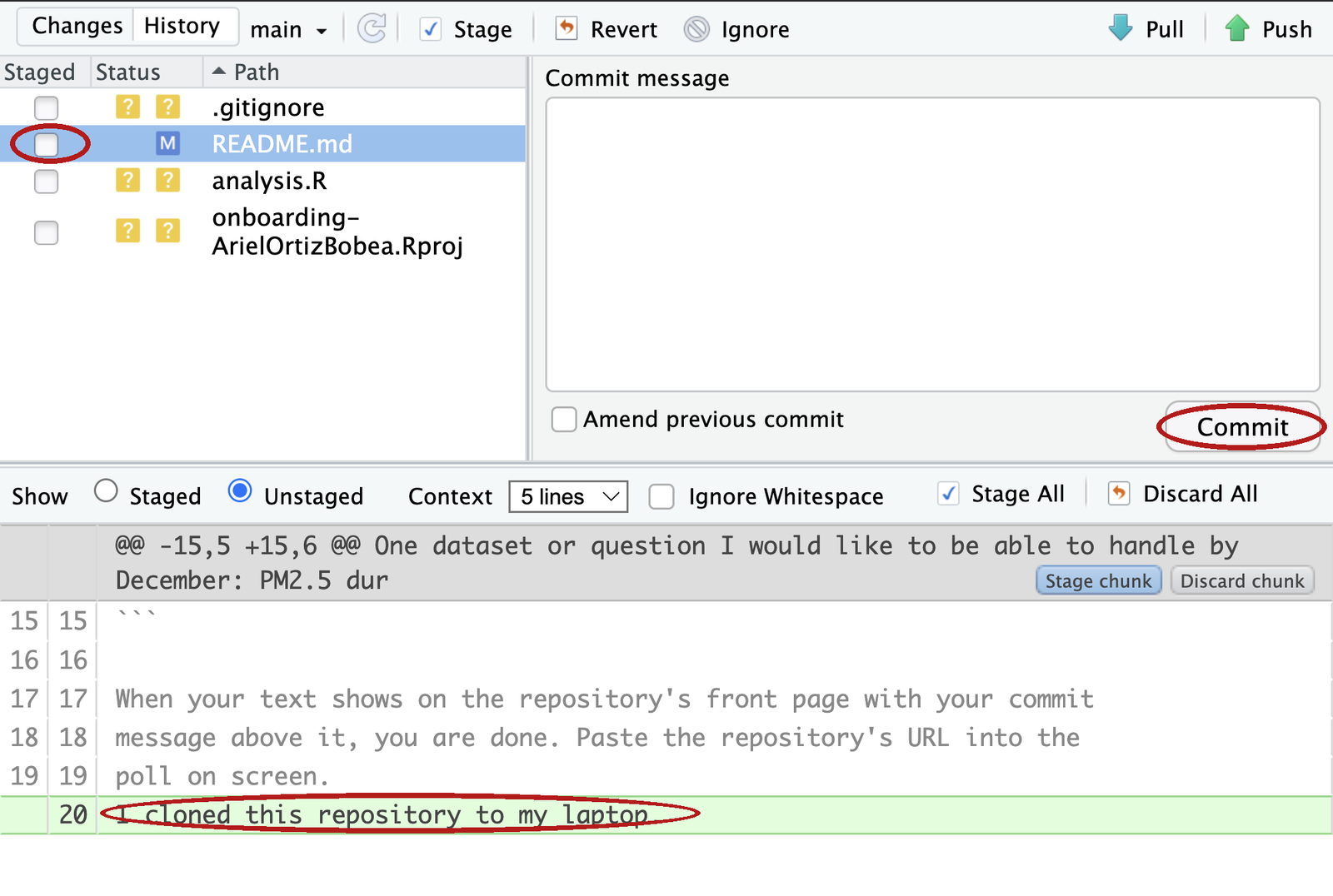 RStudio's Git pane listing one modified file and one untracked file, and the Review Changes window open beside it with a diff showing red and green lines. The Staged checkbox column and the diff pane are circled.
