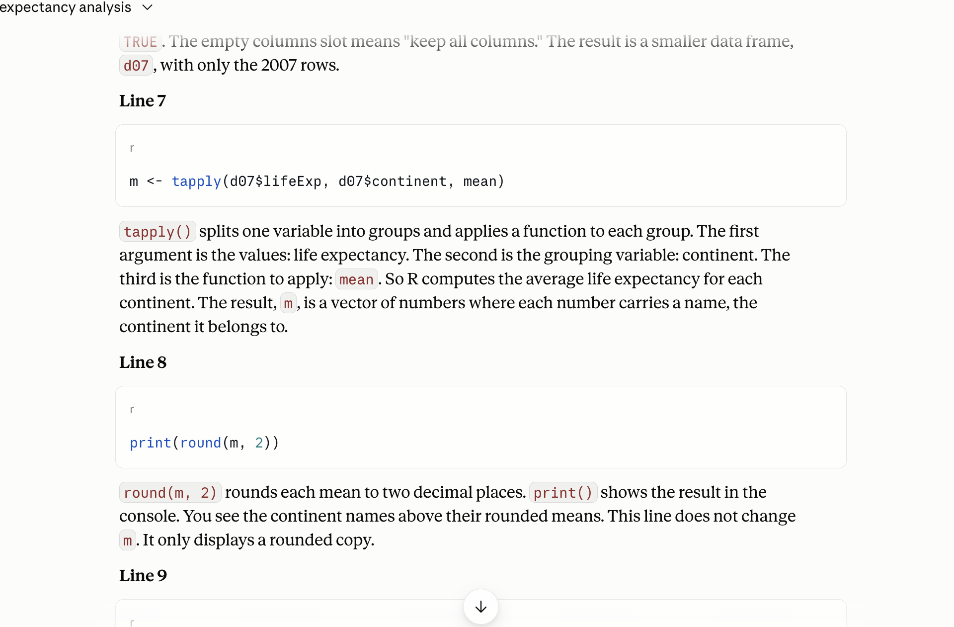A claude.ai reply explaining the script one line at a time: each line in its own code box, its explanation in a paragraph under it.