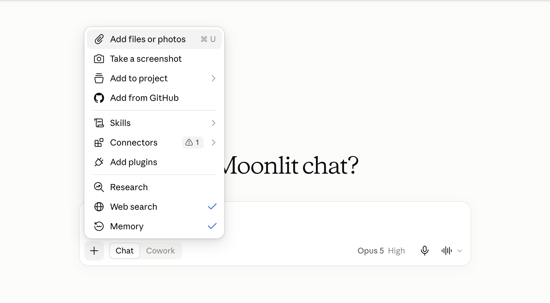 The claude.ai message box with the + menu open: Add files or photos at the top, then Take a screenshot, Add to project, Add from GitHub, Skills, Connectors, Add plugins, Research, and the Web search and Memory toggles, both ticked.