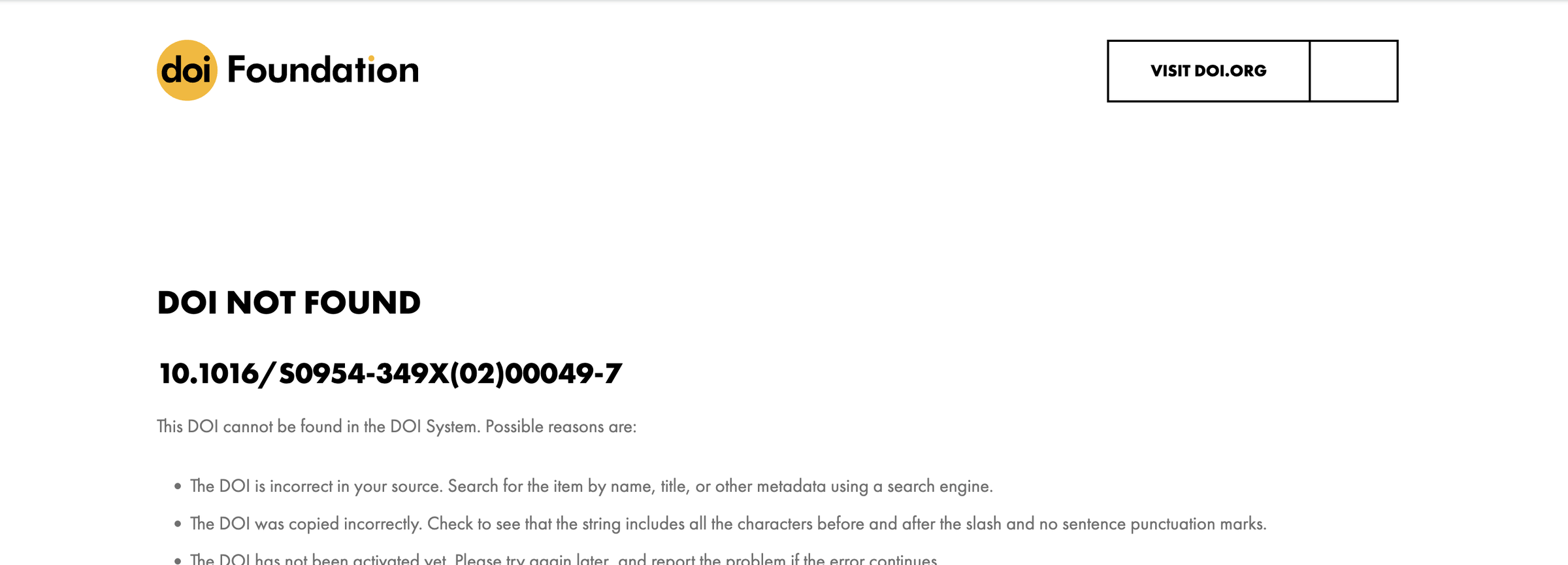The doi.org page reading DOI NOT FOUND for 10.1016/S0954-349X(02)00049-7, the second DOI in the captured reply: This DOI cannot be found in the DOI System.