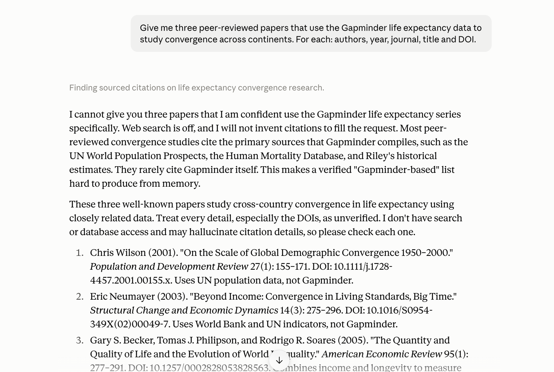 A claude.ai reply, web search off, that declines to claim Gapminder-based papers, marks its three references as unverified, and lists each with authors, year, journal, title and DOI.