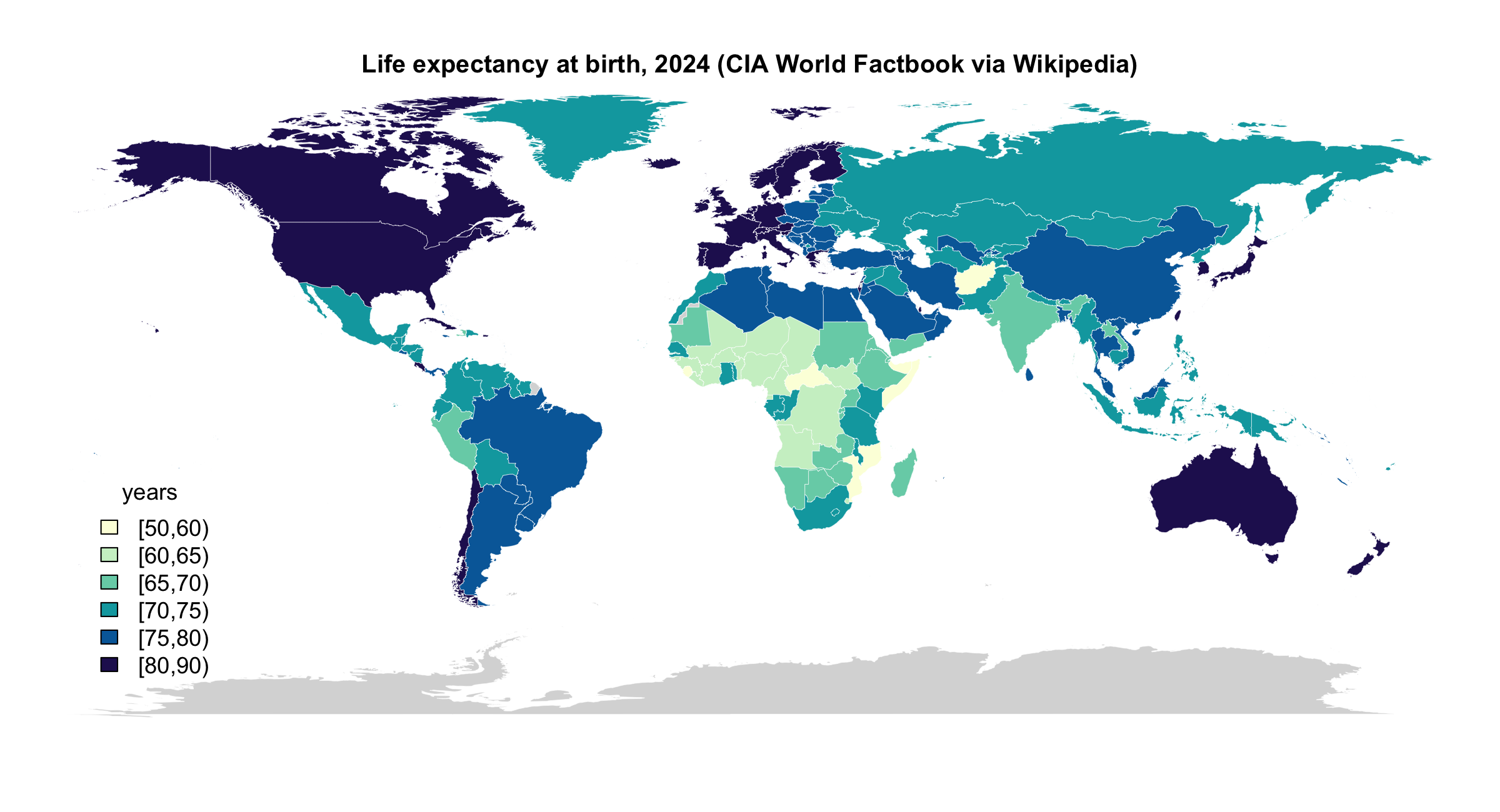 A world map coloured by life expectancy at birth in 2024, from the CIA World Factbook table on Wikipedia, in six colour bins from under 60 to over 80 years; unmatched countries in grey.