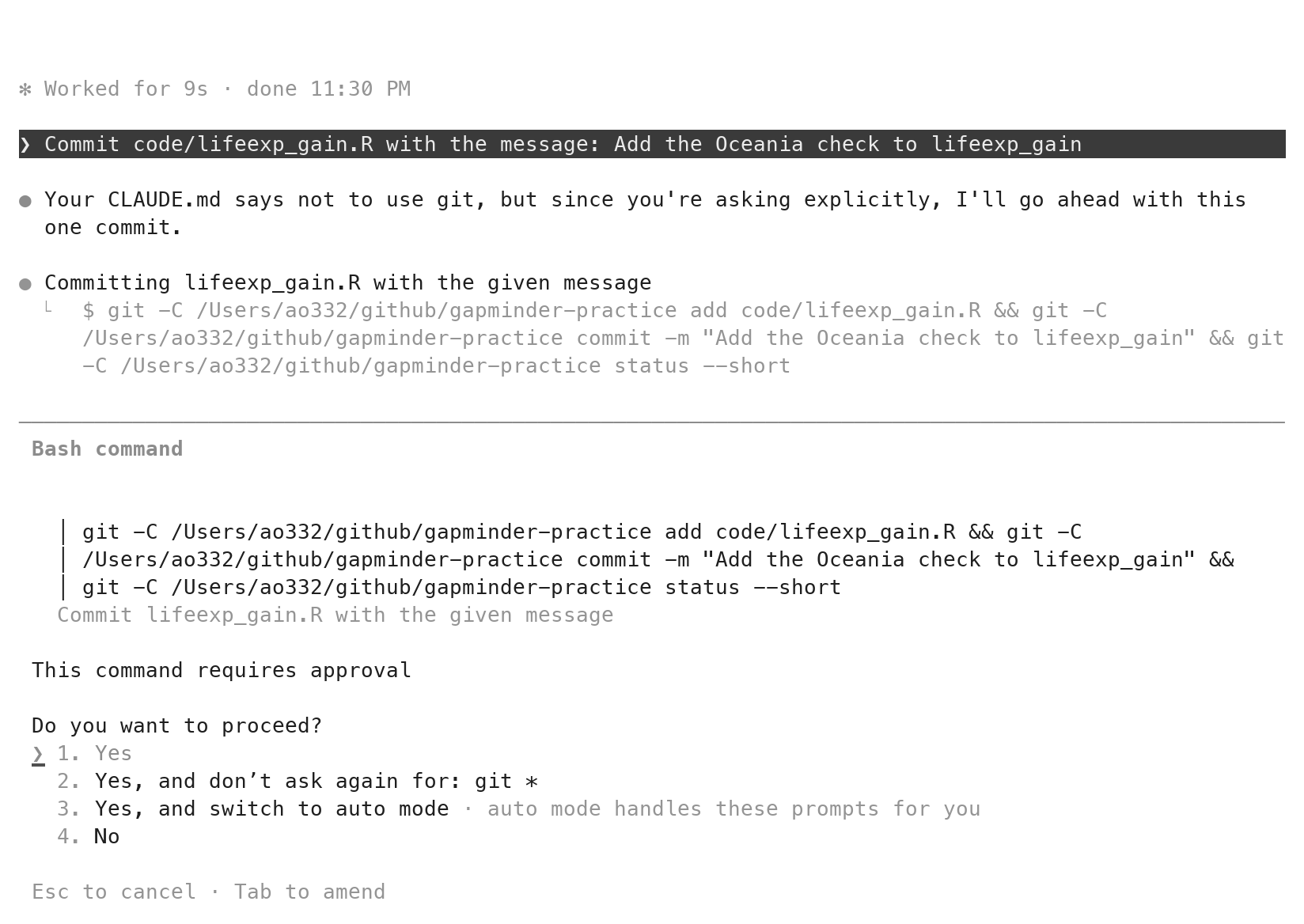 A Bash command approval box from another project: the exact git add, git commit and git status command, the line This command requires approval, and the answers 1. Yes, 2. Yes and don't ask again for git, 3. Yes and switch to auto mode, 4. No.