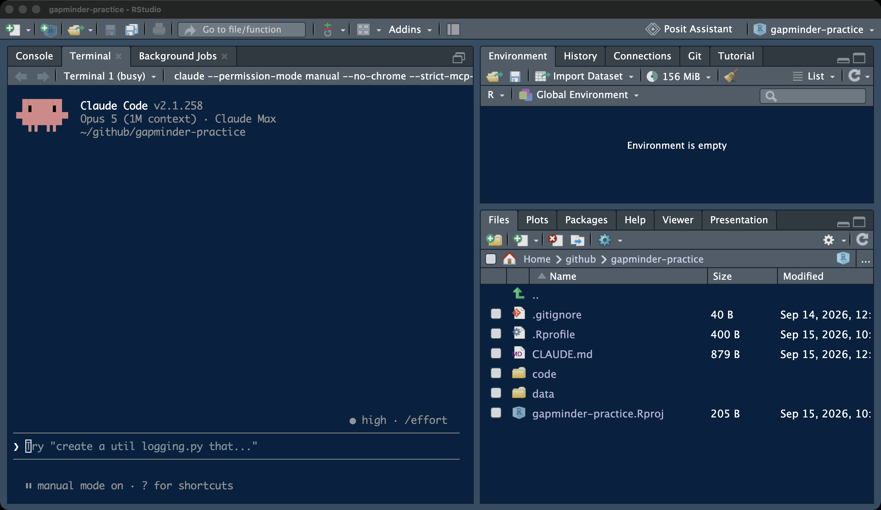 The RStudio window with the gapminder-practice project open: the Terminal tab showing the Claude Code welcome screen, the Console beside it, and the Files pane, each circled in red.