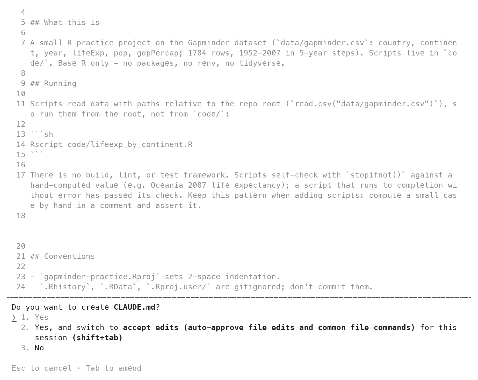 Claude Code's approval box after /init: Create file, CLAUDE.md, the first lines of the draft, and the 1. Yes row, with the file name and the 1. Yes row circled in red.