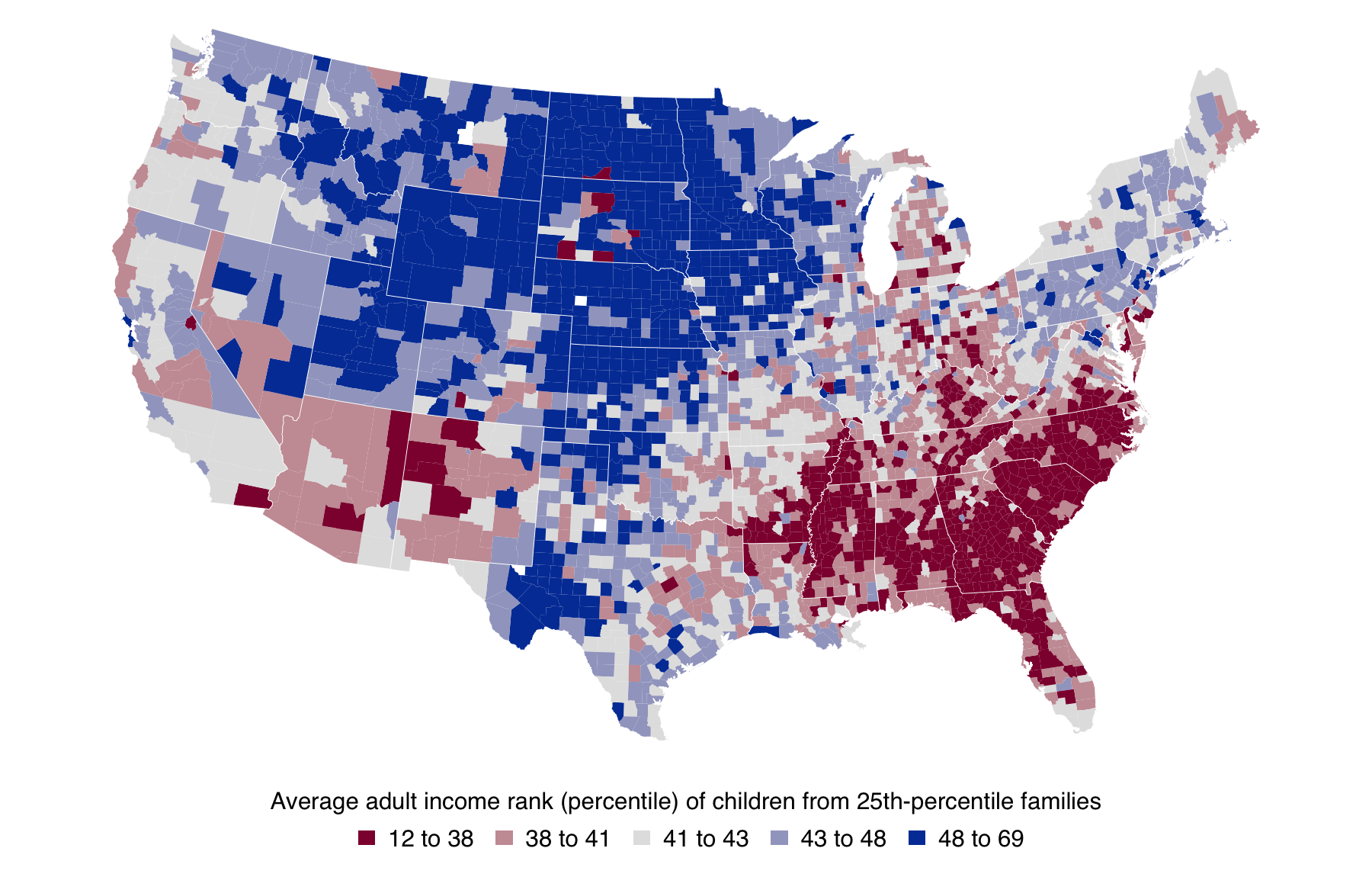 A county map of the contiguous United States in five shades of blue. Children from 25th-percentile families reach the highest adult income ranks in the Great Plains and the Mountain West and the lowest in the Southeast.