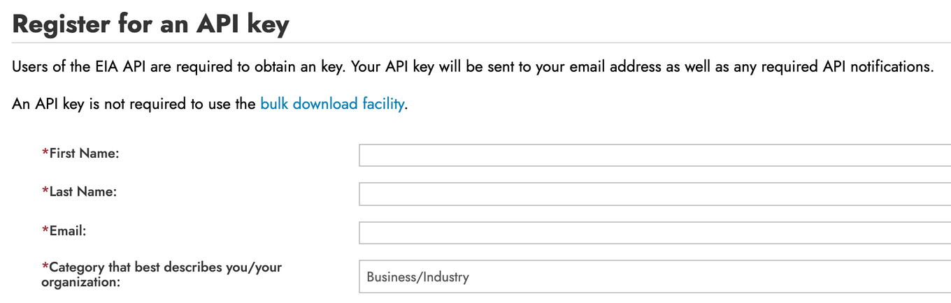 The top of the EIA's Register for an API key form, empty: fields for first name, last name, email and a category that describes you. The terms of service, the I agree box and the Register button sit further down the page.