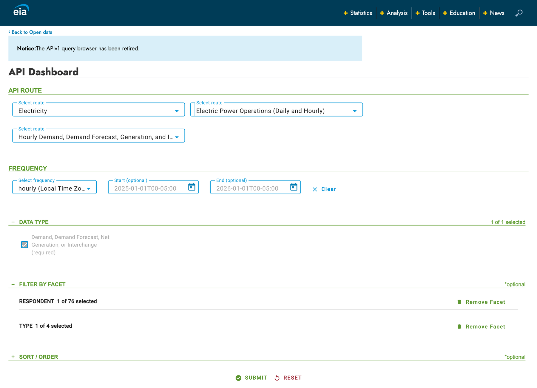The EIA's API browser on the electricity, RTO, region data route, with menus for frequency, data columns and facets, and the request URL it builds shown below.