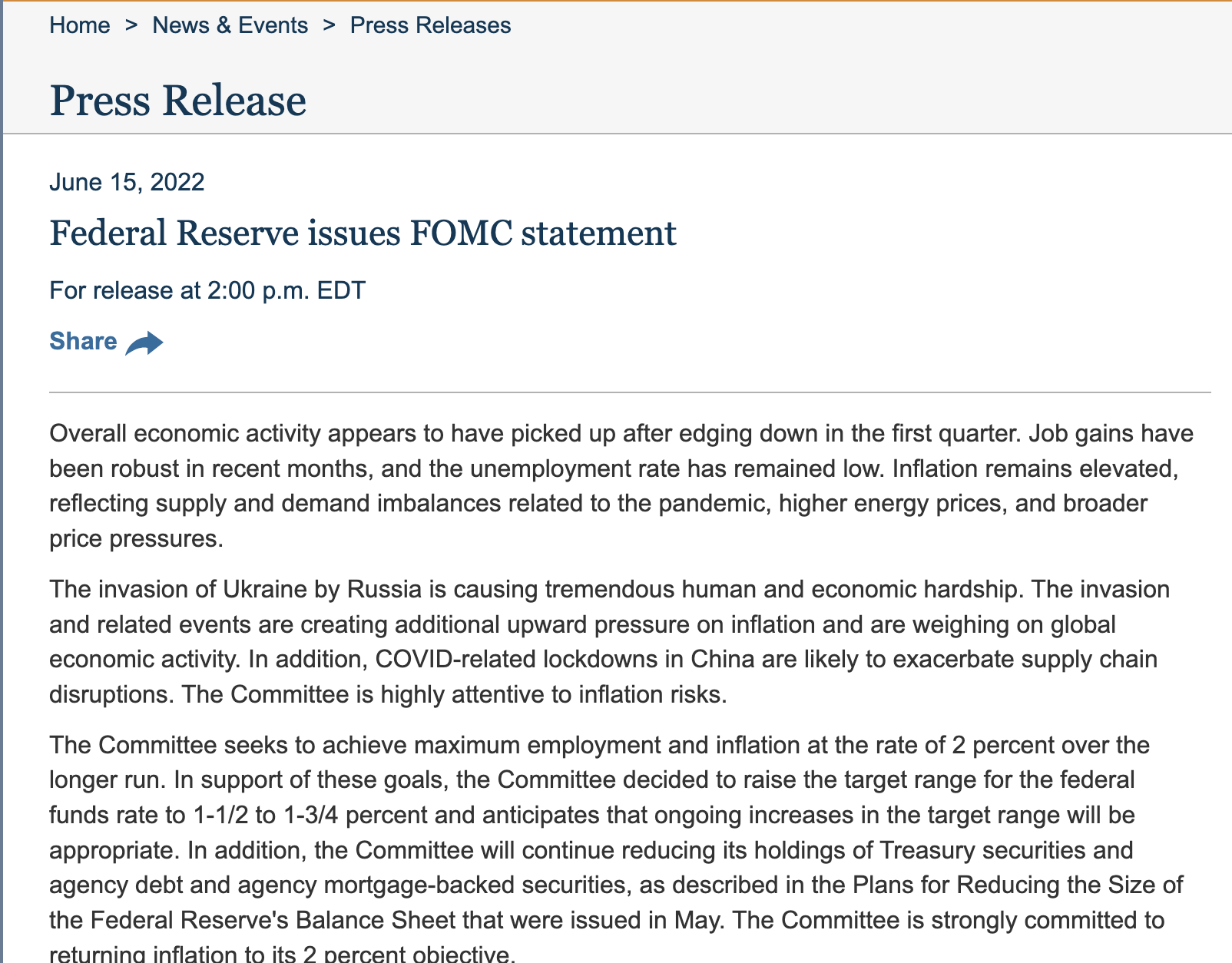 The top of one statement page on federalreserve.gov: the Press Release heading, the date June 15, 2022, the title Federal Reserve issues FOMC statement, and the first paragraphs of the statement.
