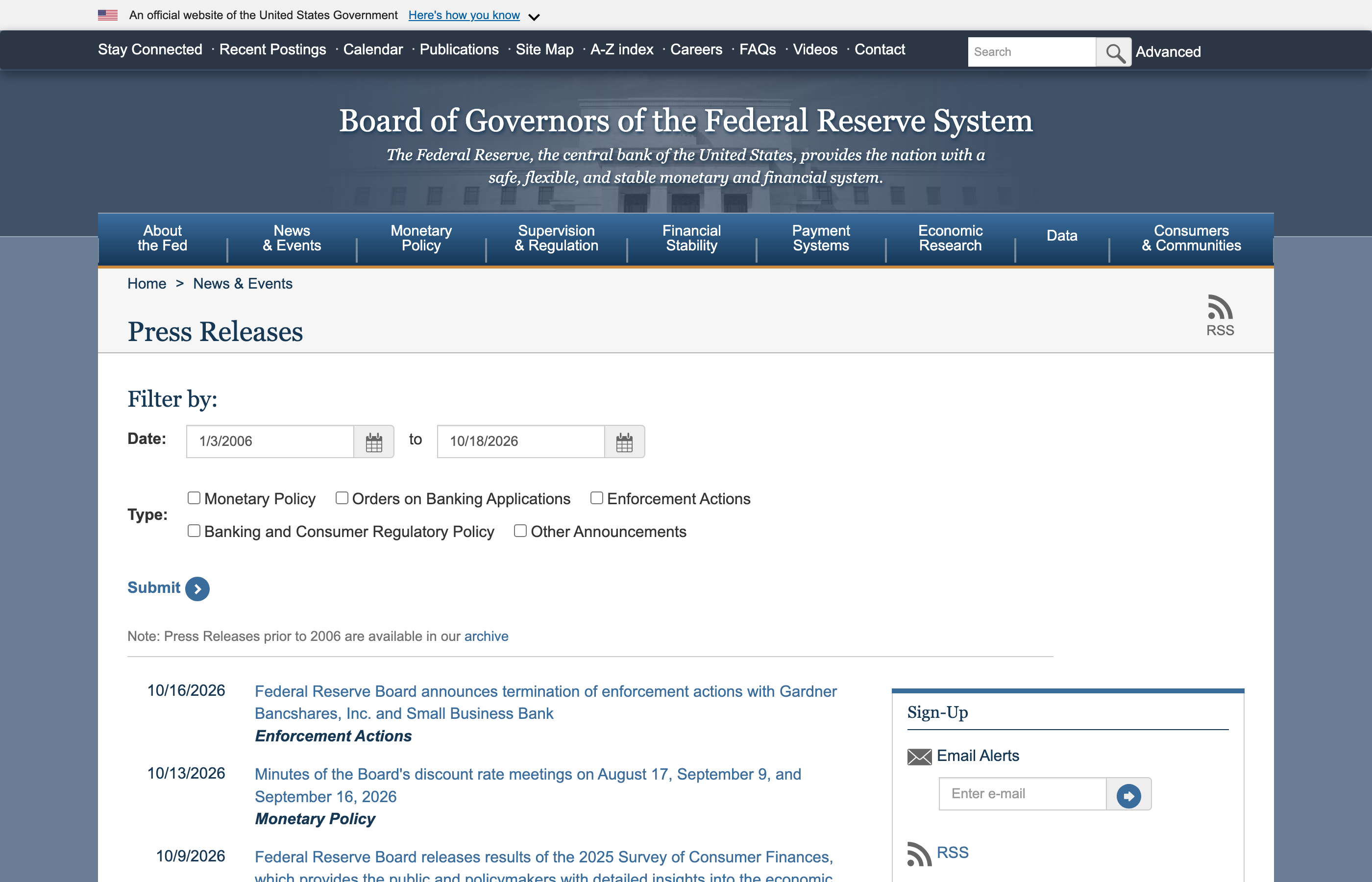 The Federal Reserve's press-release list page in a browser: a date filter, type checkboxes, and the first releases listed by date.