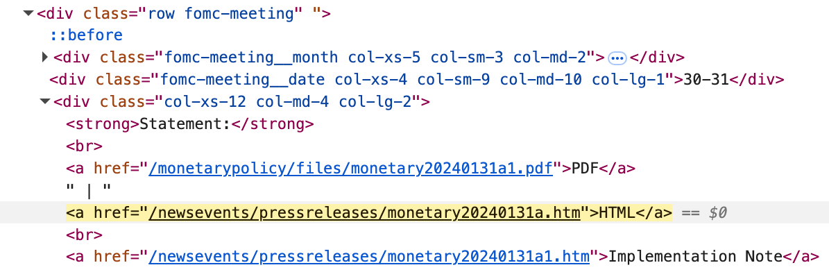 The browser inspector with the HTML of a calendar row expanded: a div with class row fomc-meeting, and inside it the month, the dates and the Statement links, with the HTML link to monetary20240131a.htm highlighted.