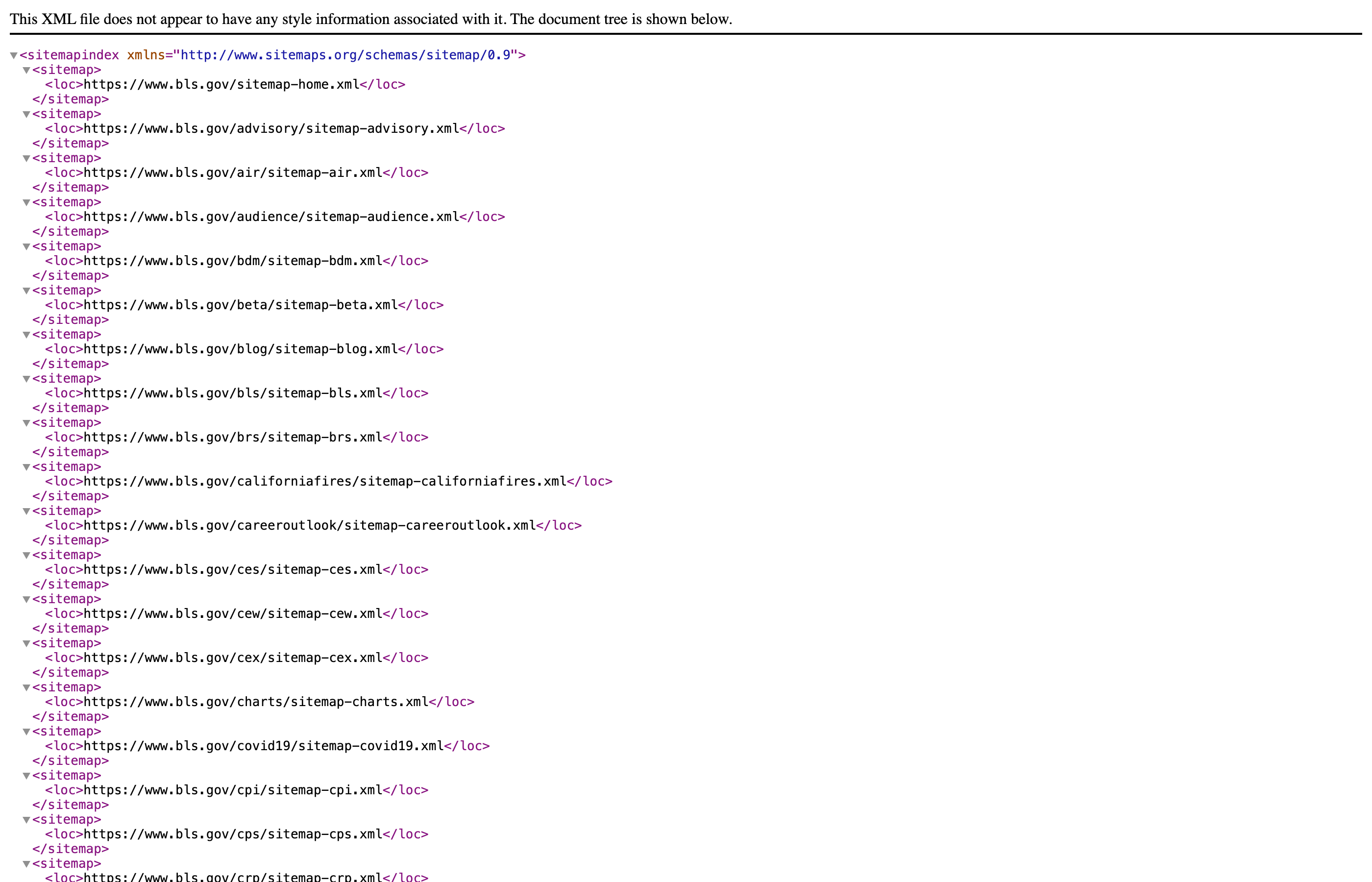 An XML sitemap index from bls.gov listing sitemap files for each section of the site.