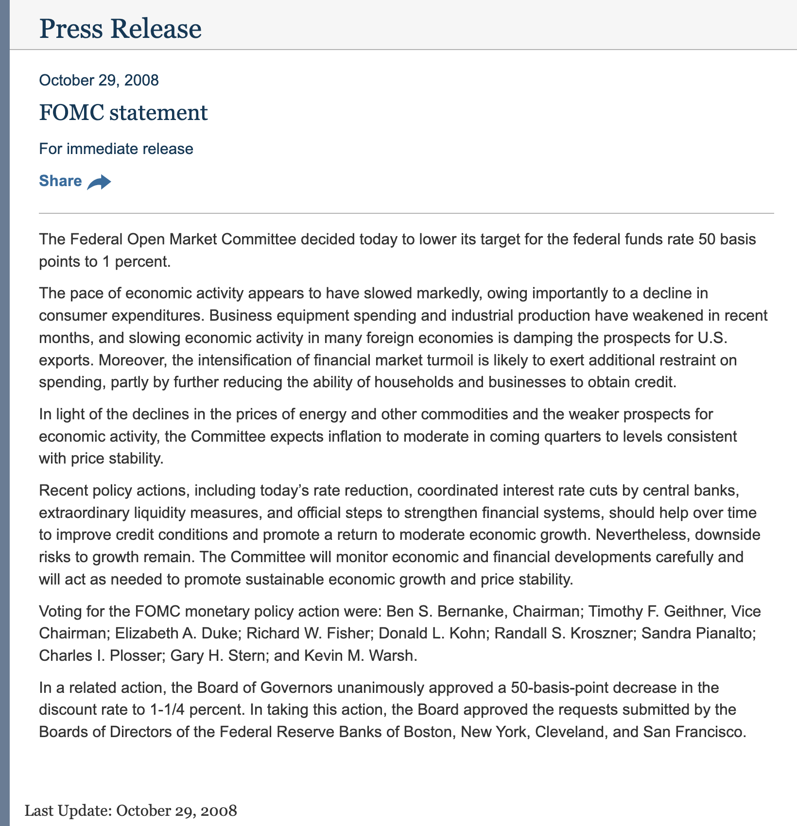 The statement page of 29 October 2008: the date, the title FOMC statement, For immediate release, four paragraphs of text, the voting paragraph and the Board's related discount-rate action.
