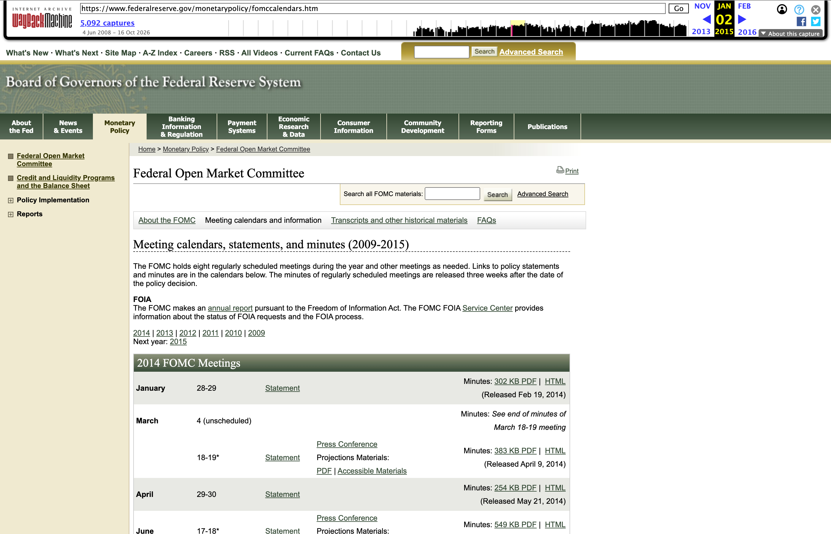 The Wayback Machine's toolbar above the Federal Reserve's calendar page as it looked in January 2015, in an older site design with a 2014 FOMC Meetings table.