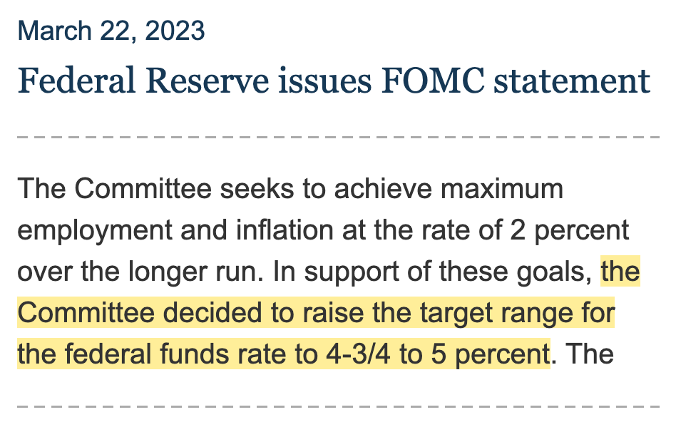 The third paragraph of the Federal Reserve's statement of 22 March 2023, as the Fed's page shows it, with the sentence 'the Committee decided to raise the target range for the federal funds rate to 4-3/4 to 5 percent' highlighted.