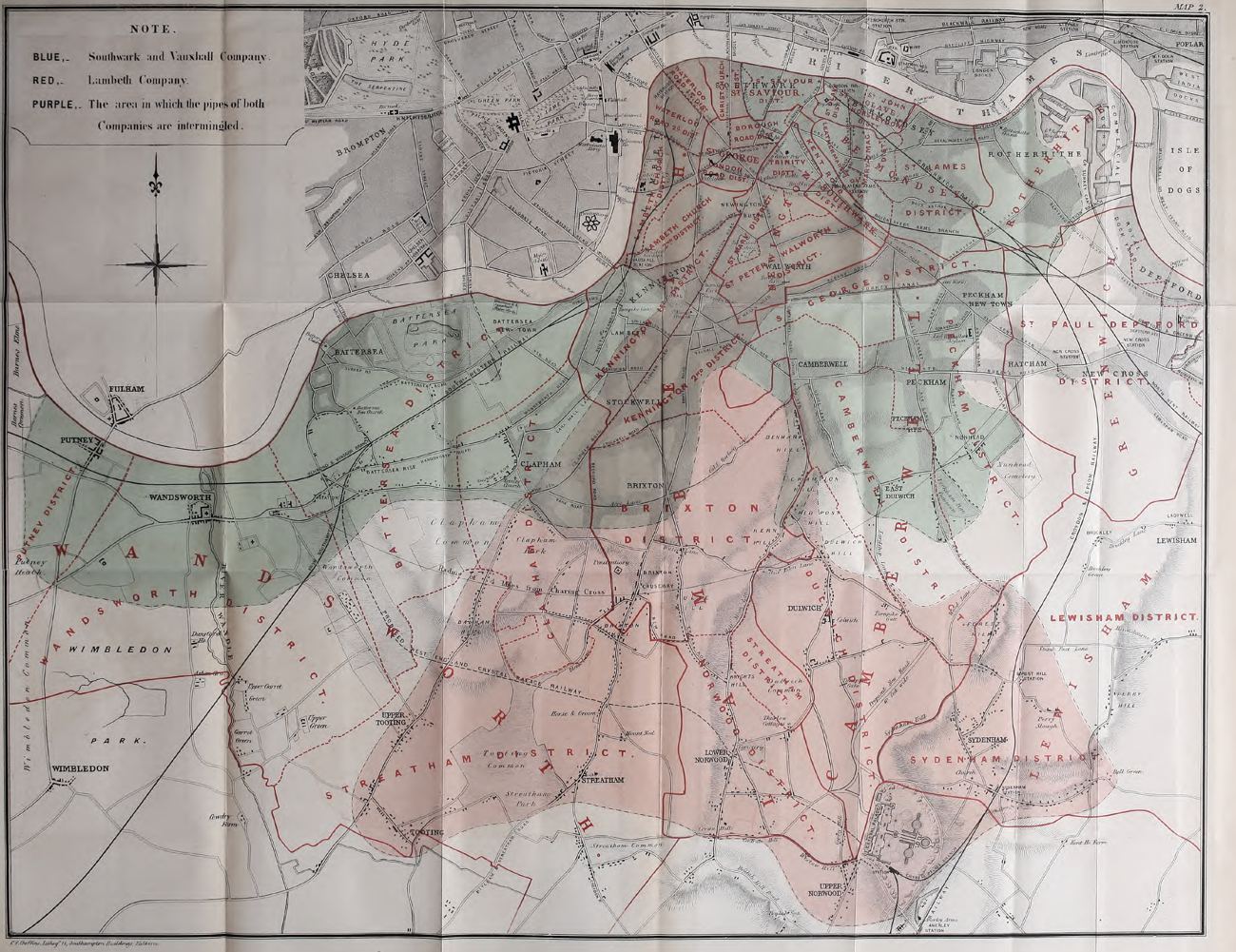 Snow's 1855 map of south London water supply: blue for the Southwark and Vauxhall company, red for the Lambeth company, purple where the pipes of both are intermingled